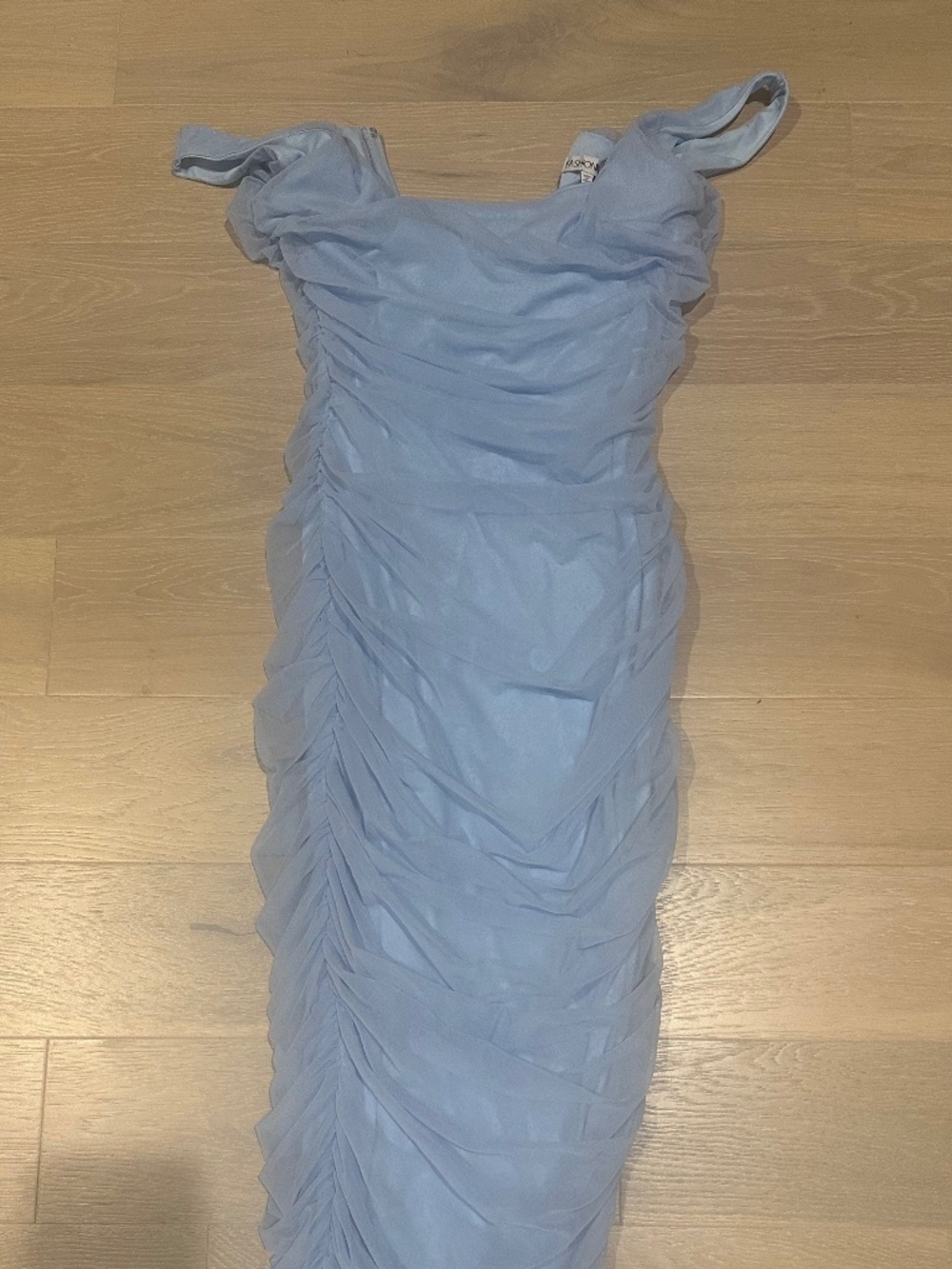 light blue ruched midi dress